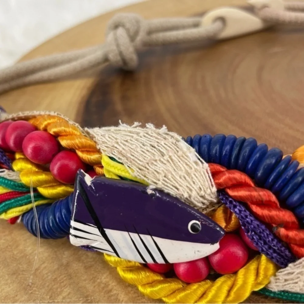 Vintage 80s 90s Beach Coral‎ Fish Wooden Rope Woven Waist Belt with Hook Loop M